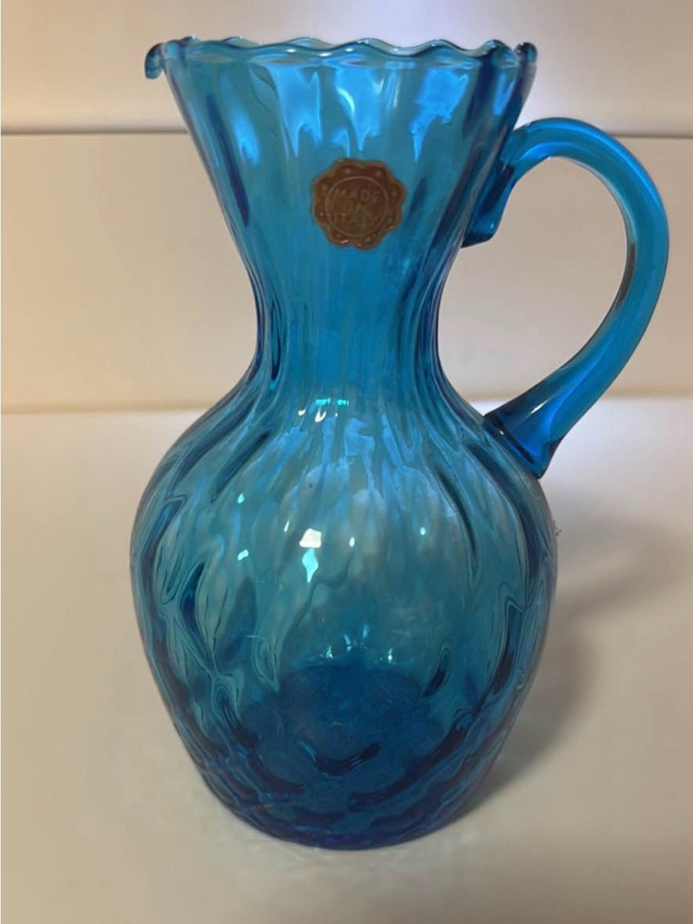 Blue Glass Pitcher with Scalloped Rim